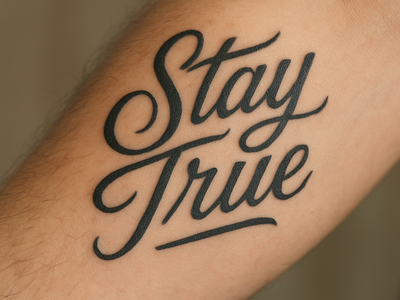 Close-up of a healed script lettering tattoo on a forearm with bold, clean linework
