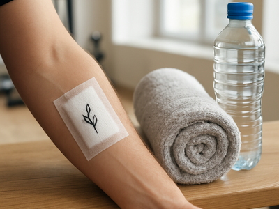 Fresh tattoo with bandage resting near gym towel and water bottle