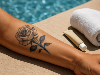 A tattooed forearm resting on the edge of a sunlit swimming pool with a towel and aftercare balm nearby