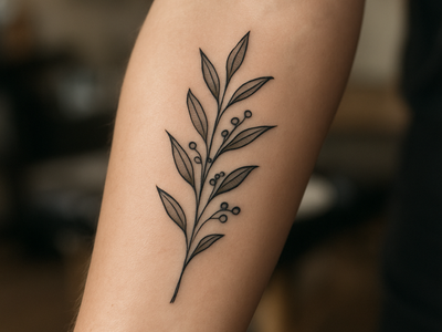 Close-up of a healed tattoo with sharp black linework on skin