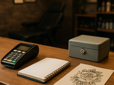 Tattoo shop front desk with a payment terminal and appointment book on the counter