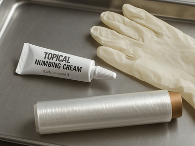 Numbing cream and plastic wrap laid out on a tattoo studio tray