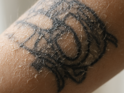Close-up of a healing tattoo in the peeling stage on someone's forearm