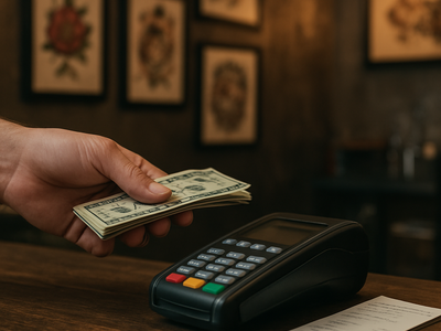 Cash being handed over at a tattoo studio front desk