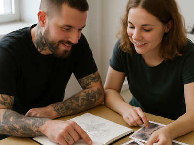 Tattoo artist and client reviewing design references during a consultation in a tattoo studio