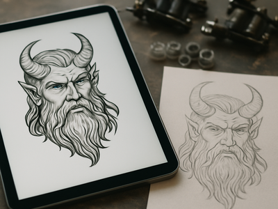 A tattoo artist's desk with a digital design on a tablet beside a hand-sketched stencil version on paper