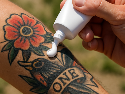 Close-up photograph of sunscreen being applied to a tattooed arm in sunlight