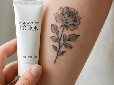 Close-up of a healing tattoo on a forearm with a tube of fragrance-free lotion nearby