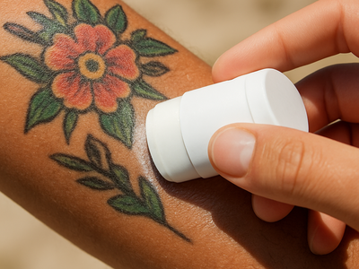 Applying sunscreen stick to a faded tattoo on a sun-exposed arm outdoors