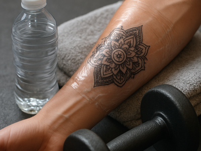 A freshly wrapped tattoo on an arm resting near gym equipment