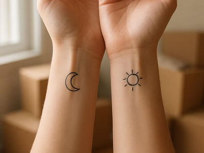 Two matching minimalist wrist tattoos on friends' hands, with moving boxes blurred in the background