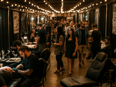 Tattoo artist booths set up inside a crowded convention hall
