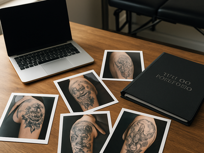 Tattoo portfolio photos and a laptop laid out on a studio table during a consultation