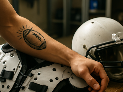Healed tattoo on an athlete's arm resting next to football pads and a helmet in a locker room