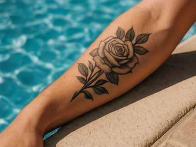 A healed tattoo on an arm resting at the edge of a sunlit swimming pool