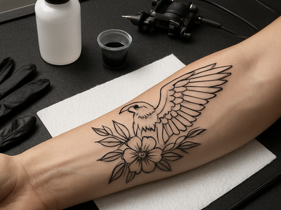 Close-up of a healed linework tattoo on a forearm in a tattoo studio setting