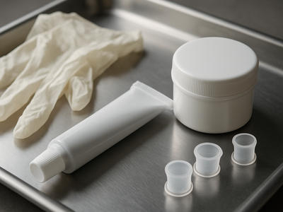Numbing cream tube and jar on a tattoo studio tray with gloves and ink caps