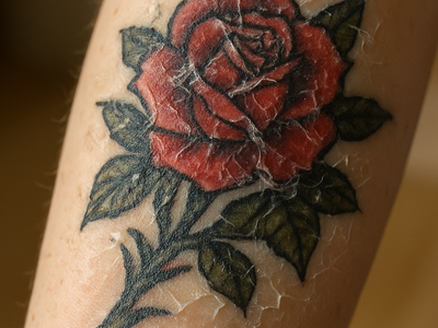 Close-up of a healing tattoo on a forearm showing the natural dry peeling stage