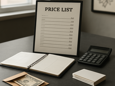 Tattoo shop counter with a price list, calculator, and cash envelope for budgeting a tattoo