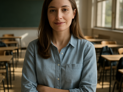 Teacher in a classroom wearing a long-sleeve shirt with a small tattoo visible at the wrist