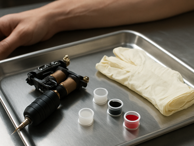 Tattoo artist's workstation with equipment laid out near a healed arm with a faint scar