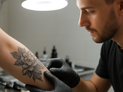 Tattoo artist inspecting a healed tattoo on a client's arm during a touch-up consultation