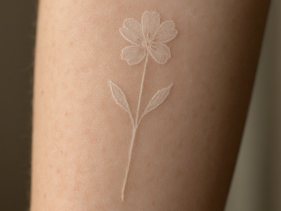 Close-up of a healed white ink tattoo on a forearm showing subtle texture and color change