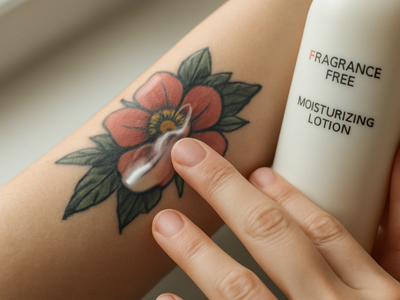 Person applying lotion to a healed tattoo on their forearm