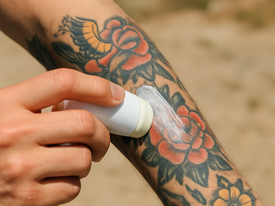 Applying sunscreen stick to a colorful tattooed forearm in bright sunlight