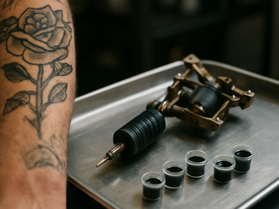 Tattoo artist's tray and a forearm with bold new tattoo linework covering older faded ink