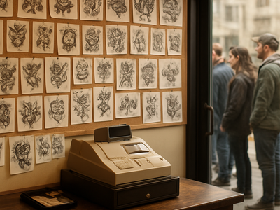 Wall of small flash tattoo designs pinned up inside a tattoo shop during a Friday the 13th event