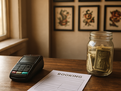 Tattoo studio front desk with a booking sheet and payment card reader