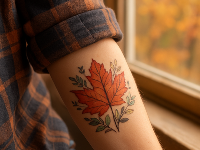 A tattooed forearm shown near a window with autumn leaves outside, sleeve rolled up