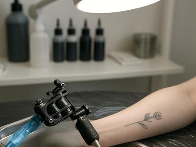 Tattoo artist's workstation with a machine and fine-line tattooed wrist under studio lighting