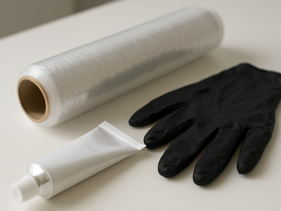 Numbing cream tube and plastic wrap laid out on a tattoo studio counter