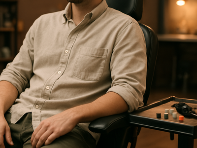 Person sitting in a tattoo studio wearing loose, comfortable clothing for easy access during a tattoo session